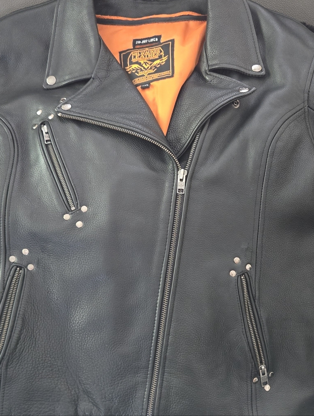 5X Fits Like A 3X Milwaukee  Leather Biker Jacket with removable Orange Lining